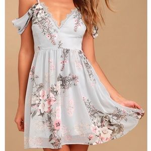 Light Blue Floral, Off-the-shoulder Dress